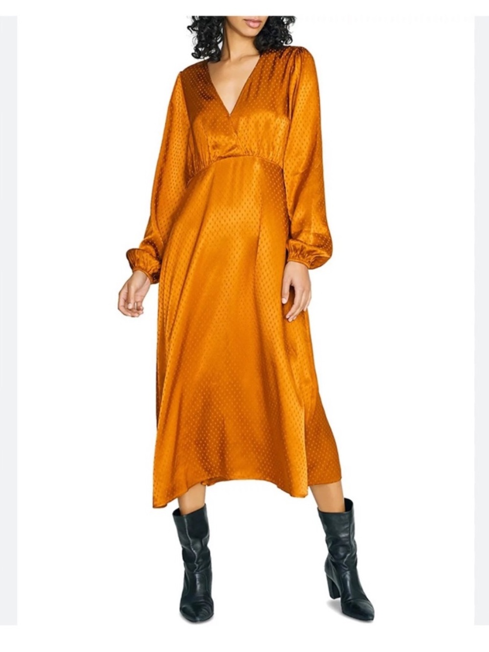 Sanctuary Satin V-Neck Long Sleeve Midi Dress in Amber